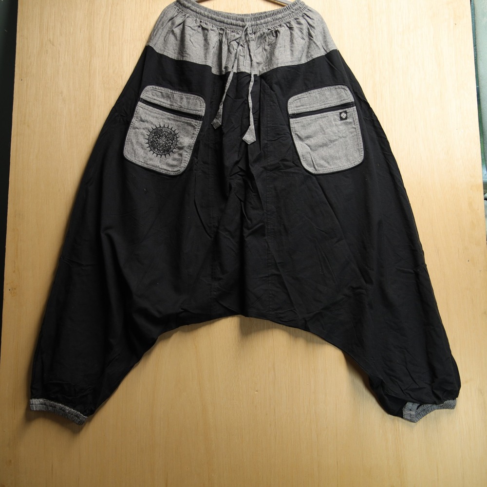 Virblatt Harem Pants XXL Black Grey Cotton Drop Crotch Boho Nepal Embroidered